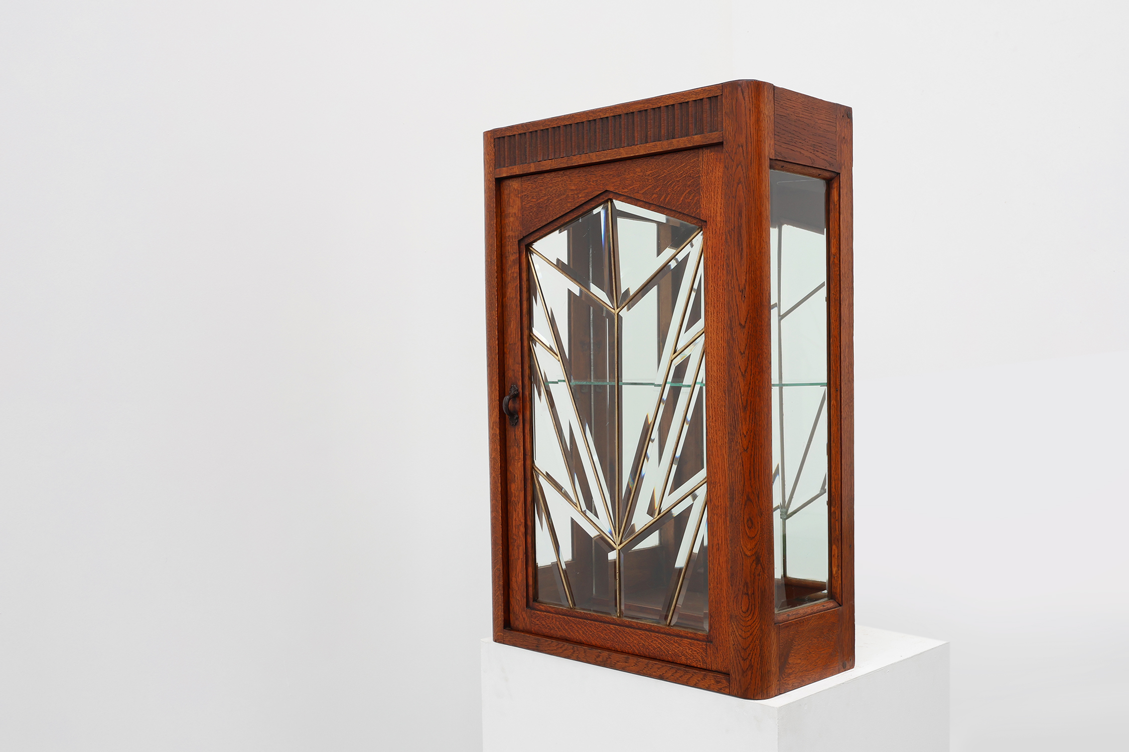French Art Deco Oak Cabinet with Beveled Leaded Glass, ca. 1920thumbnail